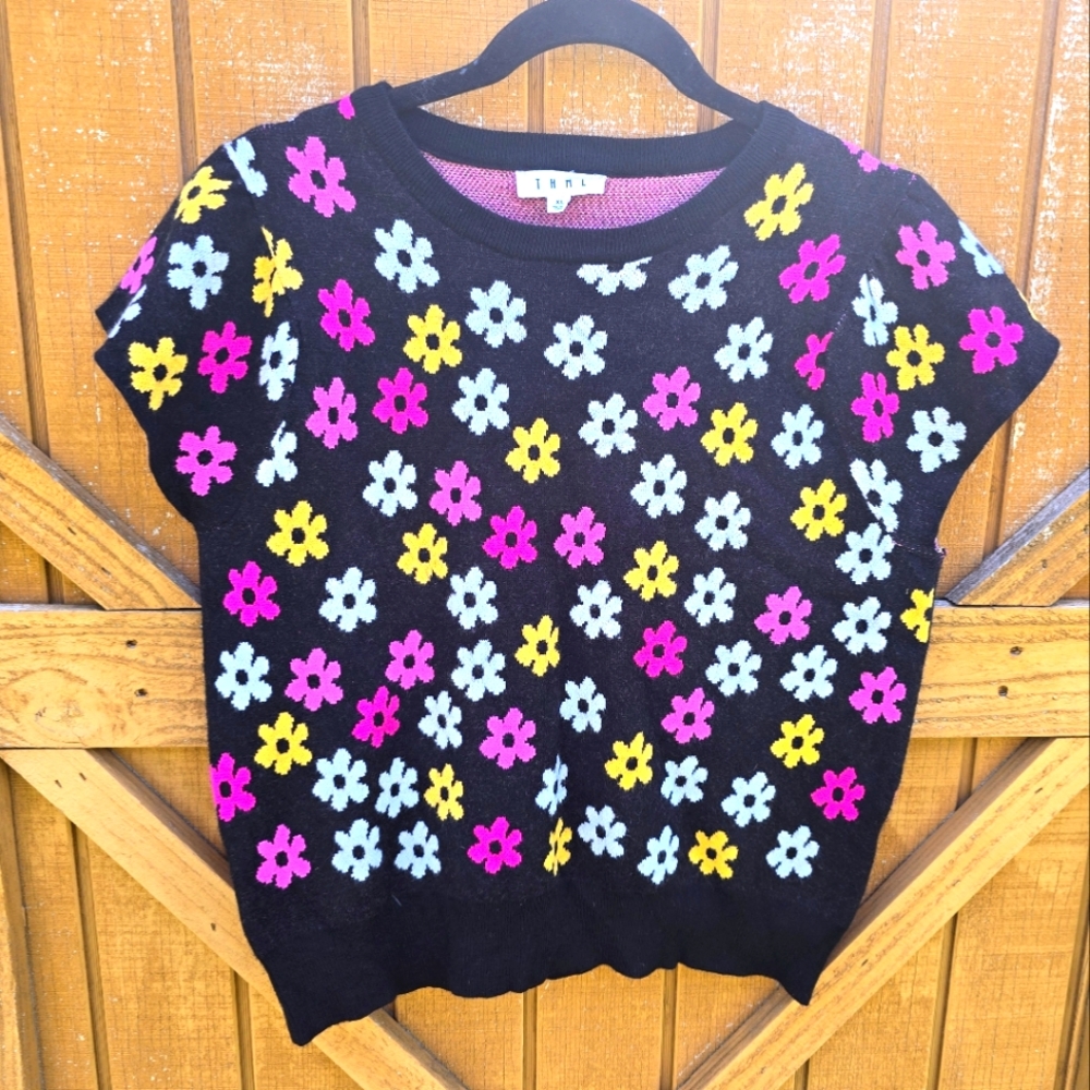 THML Floral Patterned Black Knit Top XL